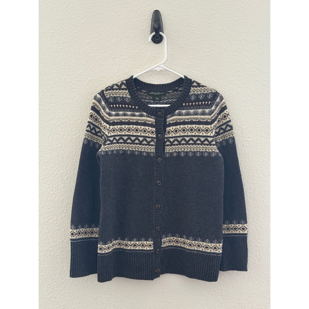 Eddie Bauer Charcoal Grey Fair Isle Wool Blend Cardigan Sweater Cozy Cabincore M